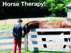 a man standing next to a horse in a fenced in area with the words horse therapy written on it