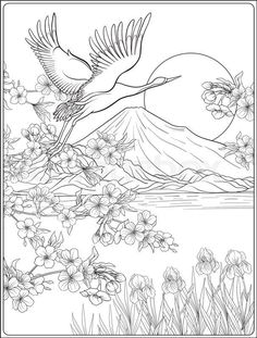 a coloring page with flowers and birds flying over the water in front of a mountain