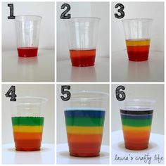 the steps to make a rainbow colored drink in a plastic cup with different colors and sizes