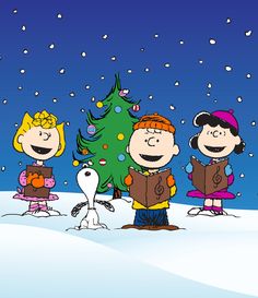 charlie brown and his friends are standing in the snow with a christmas tree behind them