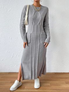 SHEIN Essnce Dual Pocket Split Thigh Cable Knit Drop Shoulder Sweater Dress | SHEIN USA Casual Long Sleeve Solid Color Dress For Winter, V-neck Winter Dresses With Pockets, Winter V-neck Dress With Pockets, V-neck Winter Dress With Pockets, Casual Gray Long Sleeve Dress, Long Sleeve Solid Color Maxi Dress For Winter, Fitted Long Sleeve Midi Dress With Pockets, Fall Long Sleeve Midi Dress With Pockets, Gray Long Dress For Fall