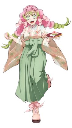 an anime character with pink hair and green dress