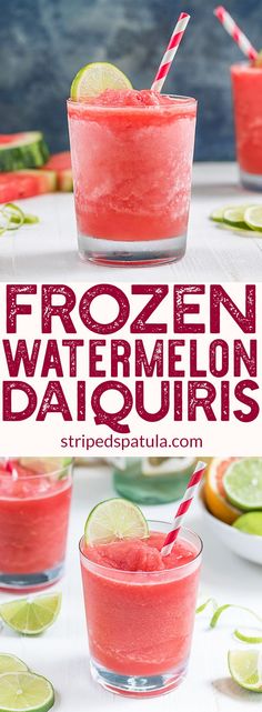 frozen watermelon daiquires in small glasses with straws and lime slices