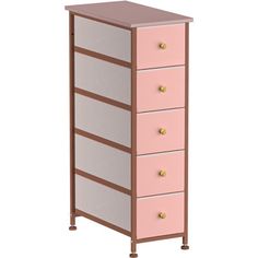 a pink and brown dresser with five drawers