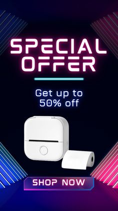 an advertisement for the new apple airpods, with neon lights and text that reads special offer get up to 50 % off