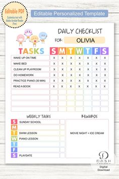 the editable personalized daily checklist for ollivia is shown in this printable