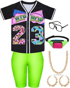 PRICES MAY VARY. Thoughtful and Various Set: the 90s rapper costume outfit for women contains 1 hip hop baseball jersey shirt, 1 faux gold rope chain, 1 pair of round hoop earrings, 1 fanny pack, 1 yoga pants, 1 black rimmed glasses, which can meet your various dressing up demands for 80s or 90s party theme Detail Size and Material Information: the lens of the glasses are made of polycarbonate, about 65 mm/ 2.56 inch in width, 59 mm/ 2.32 inch in height, the bridge is 15 mm/ 0.59 inch, and the a 90s Hip Hop Party Decorations, Women's 90s Outfits, Rapper Costume, Black Rimmed Glasses, 90s Hip Hop Party, Hip Hop Costumes, Black Yoga Pants, Baseball Jersey Shirt, 90s Shirts