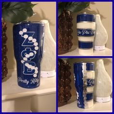 three different shots of the same blue and white tumbler cup, one with mickey mouse on it