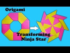 an origami star next to a pink and yellow paper ring with the words transforming ninja star on it