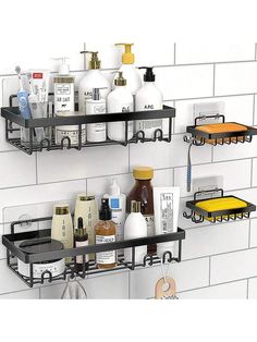 two metal shelves with soap, lotion and other items on them against a white tiled wall