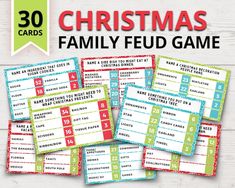 christmas family fud game is shown with the words 30 cards and numbers on it