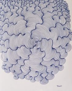 a blue and white drawing of an abstract object with wavy lines in the shape of circles