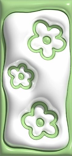 an abstract green and white design with flowers on it's side, as well as two smaller flower shapes in the middle