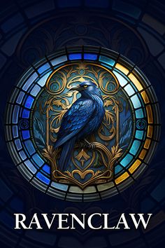 the ravenclaw book cover with stained glass window and blue bird sitting on it