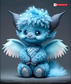 a blue stuffed animal with big ears and wings on it's head, sitting in front of a gray background