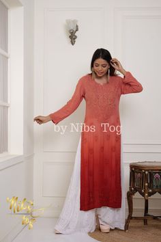 Nibs Tog Lucknowi Chikankari Premium Visocose Georgette Kurta in Ombre with Matching Inner FREE Premium range Chikankari kurta by Nibs Tog hand Embroidered Chikankari on Pure Viscose Georgette Fabric for casual or festival wear with Free International Shipping, dyed in beautiful ombre shades. Features: Fabric: The beautiful Kurta is made of Pure viscose Georgette Fabric. The fabric is soft, comfortable & Breathable. The Lucknowi Kurti is comfortable to wear. The Lucknowi Kurta won't shrink after wash, no colour bleeding. Style: The Kurta is a straight style with fine Lucknowi Chikankari Embroidery. It has beautiful motifs around the neck and Leaf pattern on bottom of the kurta and small motifs spread on rest of the kurta. A big single motif has been embroidered on back side of the kurta an Ombre Chikankari Suits, Ombre Chikankari Kurti, Wedding Cutwork Straight Kurta Sets, Wedding Traditional Wear Straight Kurta With Cutwork, Wedding Straight Kurta With Cutwork, Bollywood Style Traditional Wear With Cutwork For Eid, Bollywood Style Cutwork Anarkali Set For Wedding, Traditional Anarkali Set With Cutwork For Wedding, Semi-stitched Cutwork Traditional Wear For Wedding