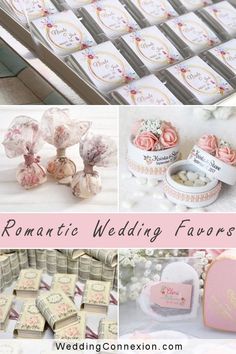 wedding favors are shown in pink, white and gray colors with the words romantic wedding favors written on them