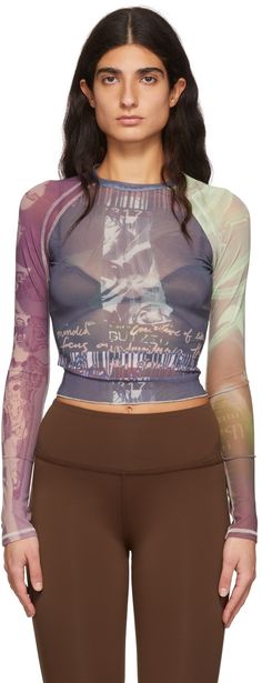 Semi-sheer stretch nylon mesh T-shirt. Graphic printed throughout. · Crewneck · Raglan sleeves Supplier color: Plum/Lime | Danielle Guizio Blue Nylon T-Shirt