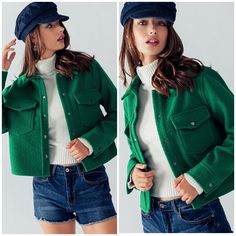 Add A Pop Of Color To Your Warbrobe This Season !! On Trend And Cozy ! Curly Sherpa Cropped Shacket. Made Of Quality Thick Silky Soft Curly Sherpa Material. Gorgeous Green Color Adds A Pop Of Color To Any Outfit. Oversized Relaxed Fit And Front Flap Pockets. Long Sleeves And Front Button Closure. Get Style And Comfort With This Adorable Shacket. Pair With Skinny Jeans, Faux Leather Pants, Pencil Skirt, Pleated Skirt, Or A Fitted Black Dress. Looks Adorable With Wide Leg Pants Or Jeans ! Availabl Green Shacket Outfit, Black Dress Looks, Green Shacket, Cropped Shacket, Shoes Diy, Embellished Shoes, Skirt Pleated, Fall Fits, Faux Leather Pants