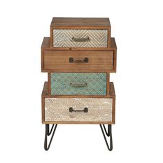 three drawers stacked on top of each other with metal legs and handles in different colors