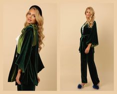 Dark Green Velvet Dress, Smart Casual Look, Black Bridesmaids, Velvet Kimono