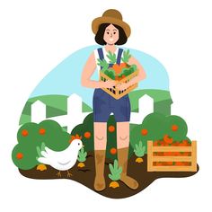 a woman standing in the garden holding a box full of carrots and an egg