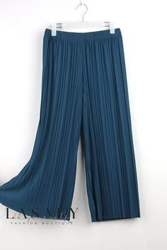 Lasaky - Refined Pleated Wide-Leg Cropped Pants with Plain Woven Fabric Pleated Full Length Pants For Spring, Spring Pleated Full Length Pants, Full Length Pleated Pants For Spring, Spring Full Length Pleated Pants, Pleated Stretch Ankle-length Pants, Stretch Pleated Ankle-length Pants, Stretch Ankle-length Pleated Bottoms, Casual Pleated Straight Leg Bottoms, Blue Pleated Wide Leg Bottoms