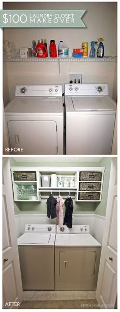 before and after pictures of a laundry room