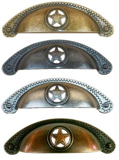 three different styles of door handles with star and circle designs on them, all in various colors