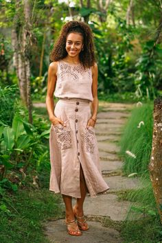 Hand Embroidered Knee-Length Skirt - Juicy Fruit in Natural | NOVICA Hand Embroidered Skirt, Rayon Blouse, Juicy Fruit, Embroidered Linen, Embroidered Skirt, Linen Skirt, Embroidery Fashion, Women Artisans, T Shirt Diy