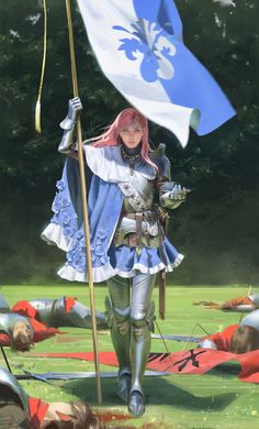 a woman dressed in armor holding a flag