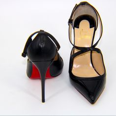 100% Authentic Loubiton Heels All Black Pristine Condition Worn Twice- Looks Unworn Bc.. Red Soles Professionally Replaced Patent Leather By Pointy Toe Area Leather Elsewhere Adjustable Strap For Comfort Chriscross Strap On Front Of Feet Message For Info Comes W/ Box & Dustbag Find Me On Ig @ Shoplaflair ;) Evening Heels With Red Sole And Closed Toe, Luxury Red Sole Ankle Strap Heels, Luxury Ankle Strap Heels With Red Sole, Luxury Heels With Red Sole And Ankle Strap, Designer Ankle Strap Heels With Red Sole, Loubiton Heels, Louboutin Heels, Red Sole, Look Alike