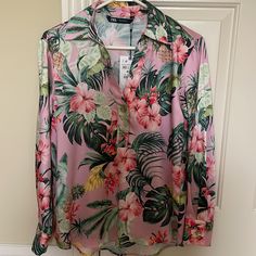 Nwt Zara Satin Button Down Shirt With Beautiful, Vibrant Tropical Print On A Light Pink Background. Sold Out Style Size Xs Satin Shirts For Women, Satin Button Down Shirt, Red Checked Shirt, Light Pink Background, Satin Shirt Dress, Oversized Button Down Shirt, Zara Shirt, Shirt Embroidery, Satin Shirt