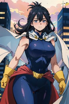 an anime character with long black hair and blue eyes, standing in front of a cityscape