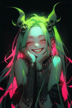 a woman with green hair and demon horns on her head smiling in front of a black background