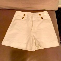 Nwot White Denim Shorts From Zara. Spotless, Never Worn, Super Flattering And High Waisted. Gold Hardware On The Front. Mid-rise Cream Denim Bottoms, Chic White Fitted Jean Shorts, Cream High-rise Denim Bottoms, High Waist Cream Denim Bottoms, White High Waist Fitted Jean Shorts, Fitted High Waist White Jean Shorts, Fitted Cotton Jean Shorts With Button Closure, Vintage White Jean Shorts For Spring, Fitted Cream Jeans For Summer