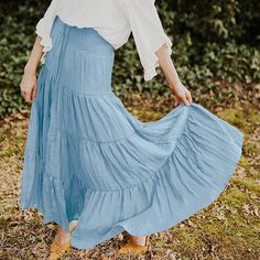 Light Blue Bohemia Pleated High Waist Maxi Skirt Blue Flowy Tiered Maxi Skirt, Blue Flared Maxi Skirt For Vacation, Light Blue Beach Skirt, Casual Light Blue Lined Maxi Skirt, Spring Blue Flowy Maxi Skirt, Blue Flowy Bottoms For Spring, Blue Flowy Skirt For Spring, Flowy Blue Tiered Skirt, Spring Blue Flowy Skirt