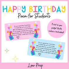 happy birthday poem for students with balloons and gifts on pink background, text reads, low prep