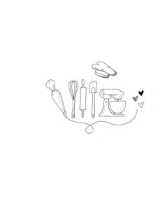 a line drawing of kitchen utensils on a white background with the words love written below it