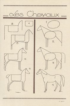 an old book with instructions on how to draw horses in different positions and sizes, including the