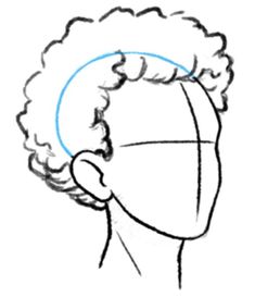 a drawing of a man's head with curly hair in the middle and blue lines on