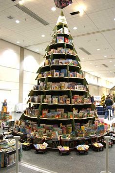 a large christmas tree made out of books