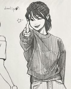 a drawing of a woman pointing to her finger