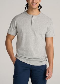 American-Tall-Men-Jersey-Henley-Tee-Heathered-Grey-front Casual Cotton Crew Neck Henley, Classic Henley Neckline T-shirt For Everyday, Relaxed Fit Short Sleeve Everyday Henley, Everyday Cotton Henley With Relaxed Fit And Short Sleeves, Everyday Relaxed Fit Short Sleeve Henley, Relaxed Fit Cotton Henley With Short Sleeves, Relaxed Fit Short Sleeve Cotton Henley, Relaxed Fit Cotton Henley, Casual Cotton Henley With Relaxed Fit