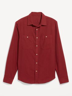 spread collar long sleeves buttoned cuffs button front button-patch chest pockets relaxed fit hits at hip model is approximately 6'1" and wears size mmachine wash according to the care instruction label Muted Red, Red Flannel, Mens Flannel, Wes Anderson, Pocket Shirt, Red Shirt, Chest Pocket, Toddler Boys, Old Navy