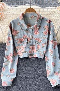 Fabric: Blended Size: one size Color: Blue Size: length 40, sleeve length 55, bust 100, waist 96 Jeans Coat, Printed Denim Jacket, Versatile Jacket, Print Denim, High Quality Dress, Jacket For Women, Short Jeans, Denim Jacket Women, Printed Denim