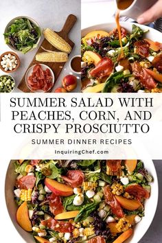 a salad with peaches, corn and crispy prosciutto