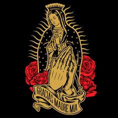 an image of the virgin mary with roses in front of it, on a black background