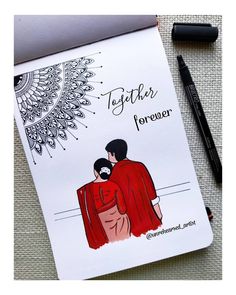 a notebook with an image of two people hugging and the words together forever written on it