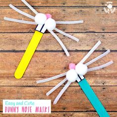 three popsicle bugs made out of construction paper and colored pencils with the words easy and cute bunny note maker on them